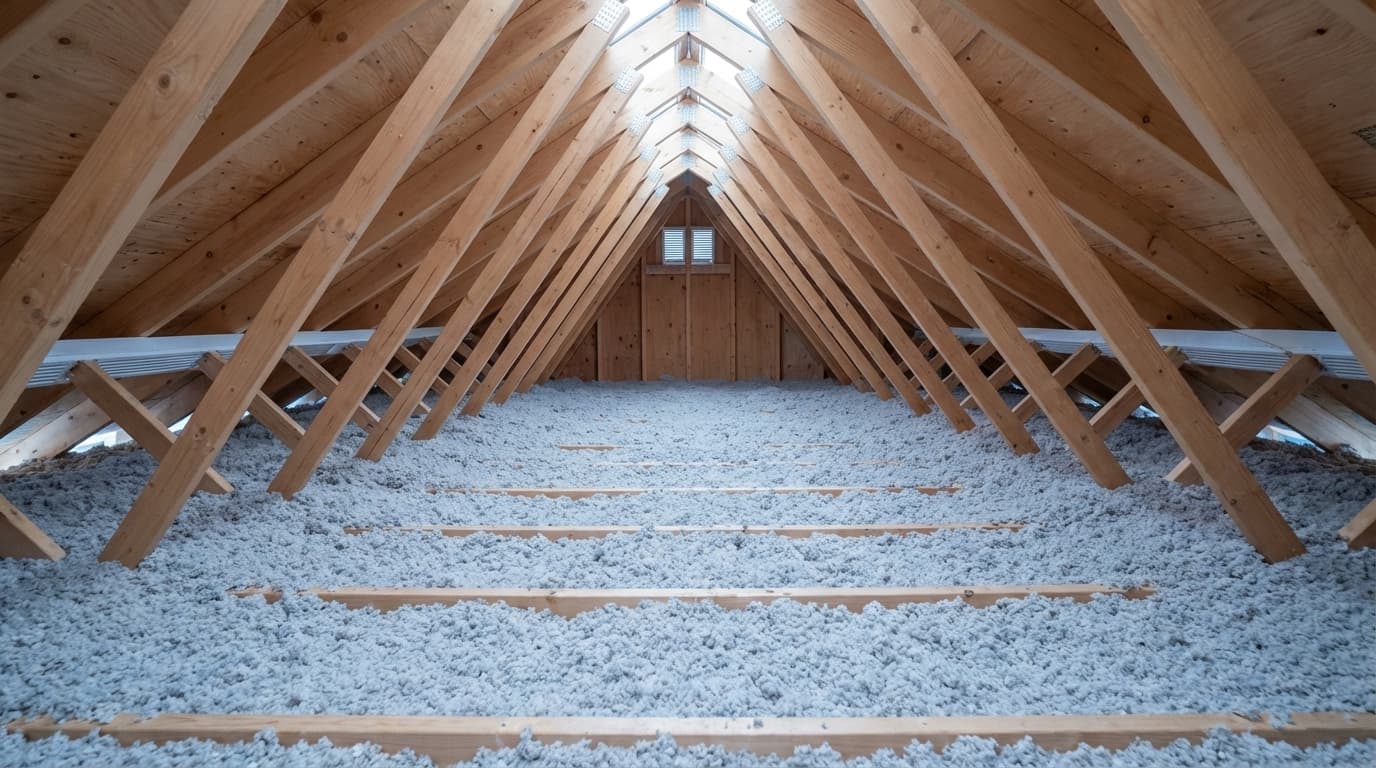 Attic with wooden rafters and light insulation flooring.