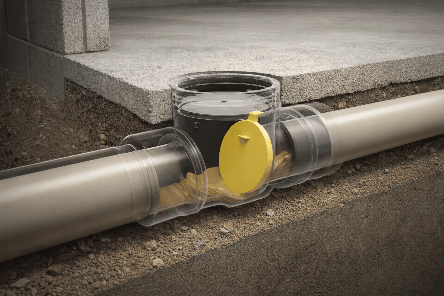 Backwater valve with yellow cap set in concrete foundation.