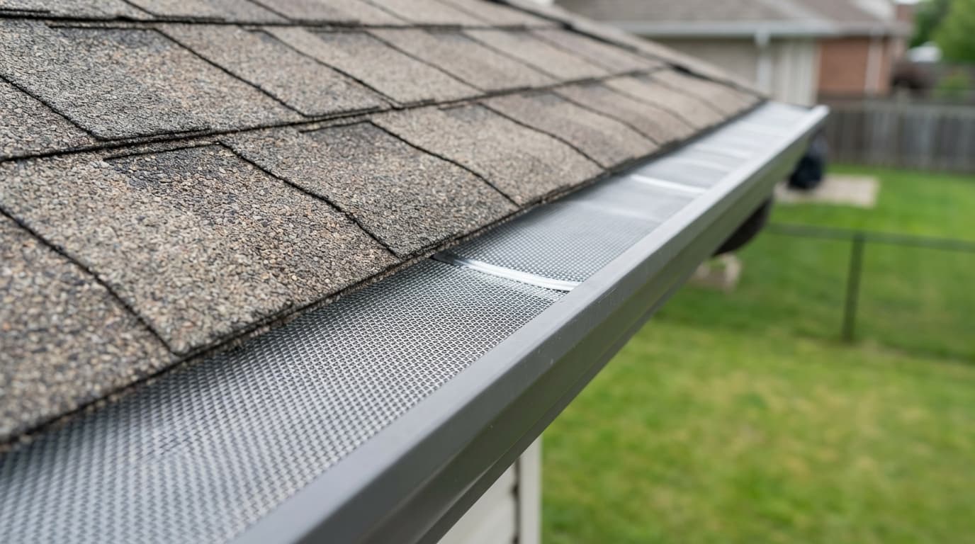Close-up of eavestrough guards under roof shingles with metallic mesh.