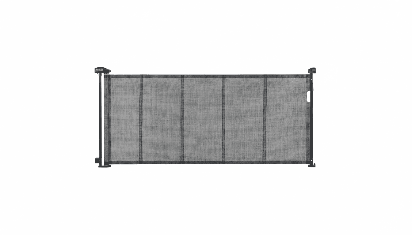 Expandable safety gate with black frame and mesh material.