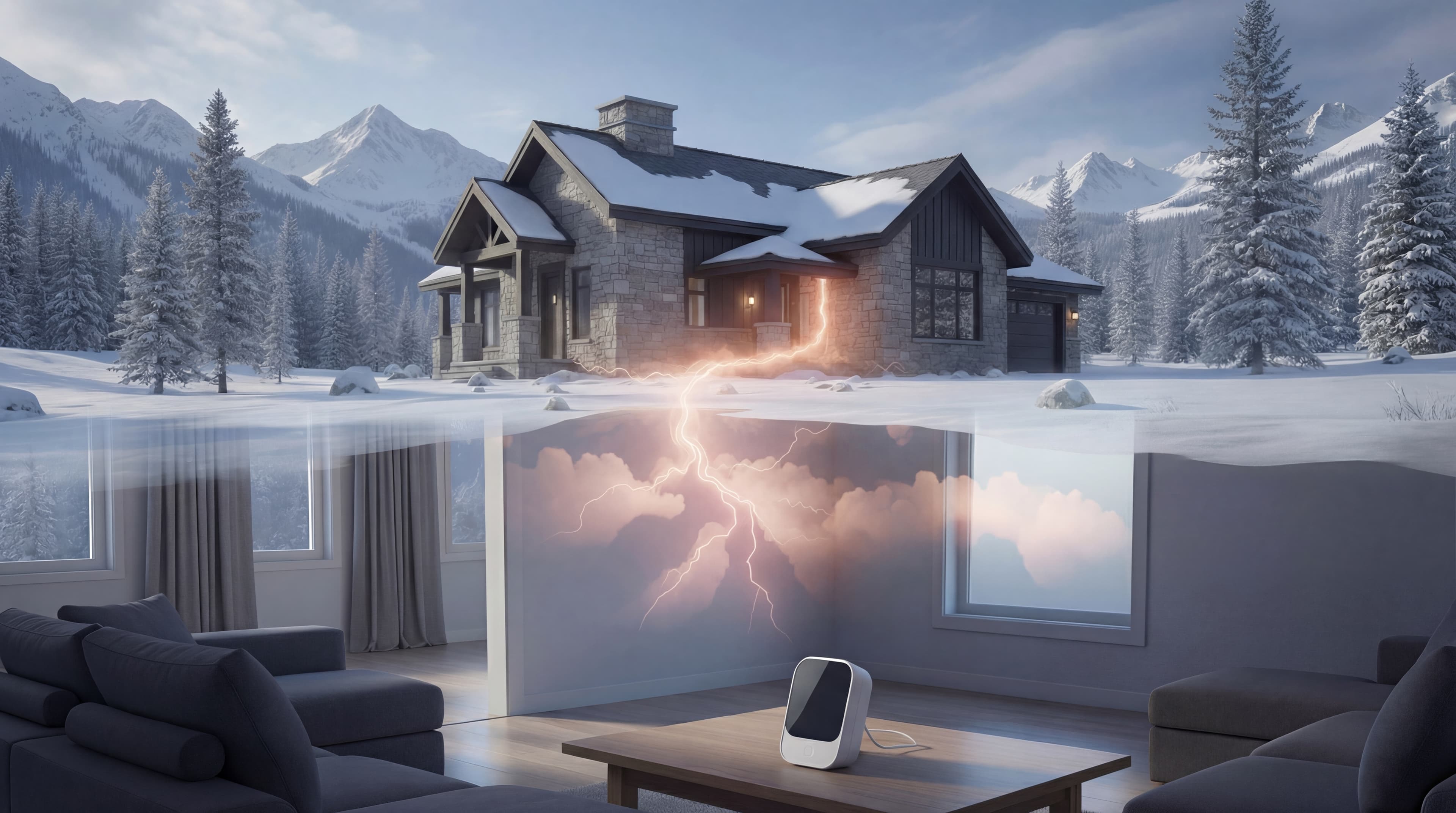 House in snowy landscape with radon depicted as lightning underground.