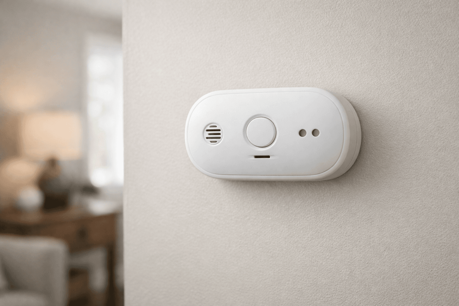 Wall-mounted white device in a modern room with light-colored walls and blurred background.