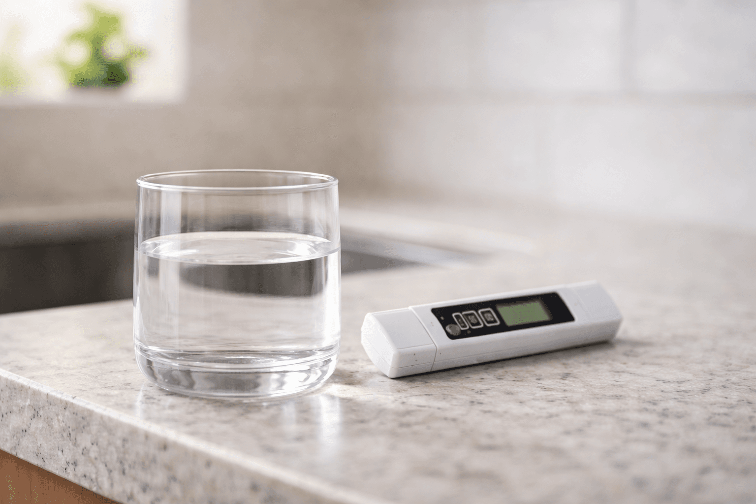 Glass of water and electronic tester on countertop in a kitchen.